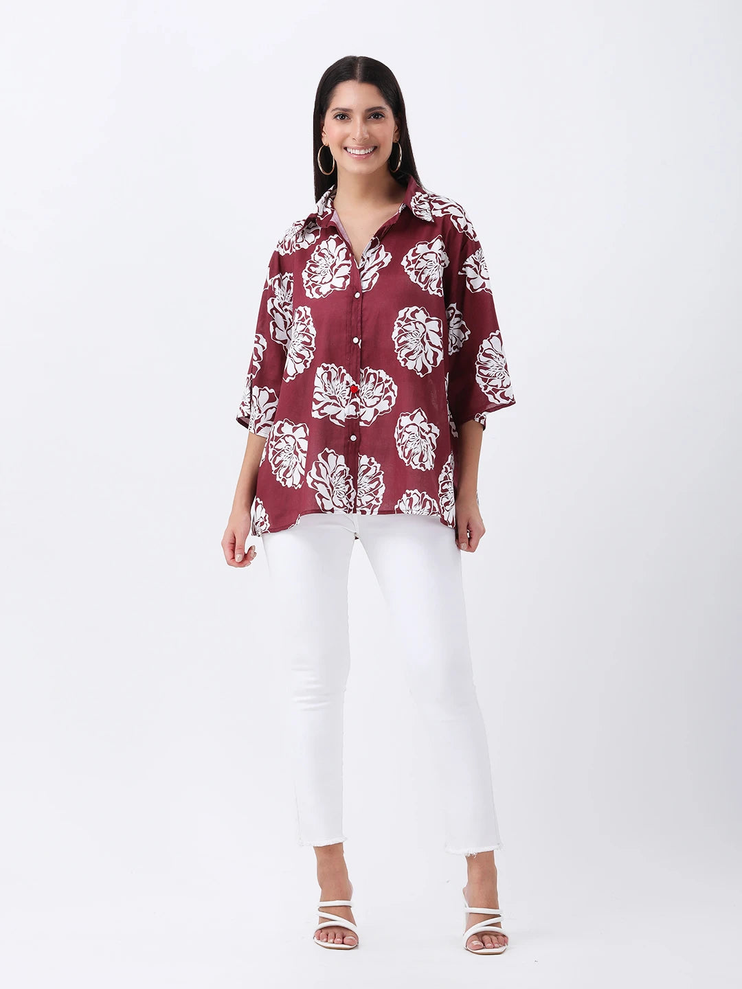 Maroon floral print oversized shirt
