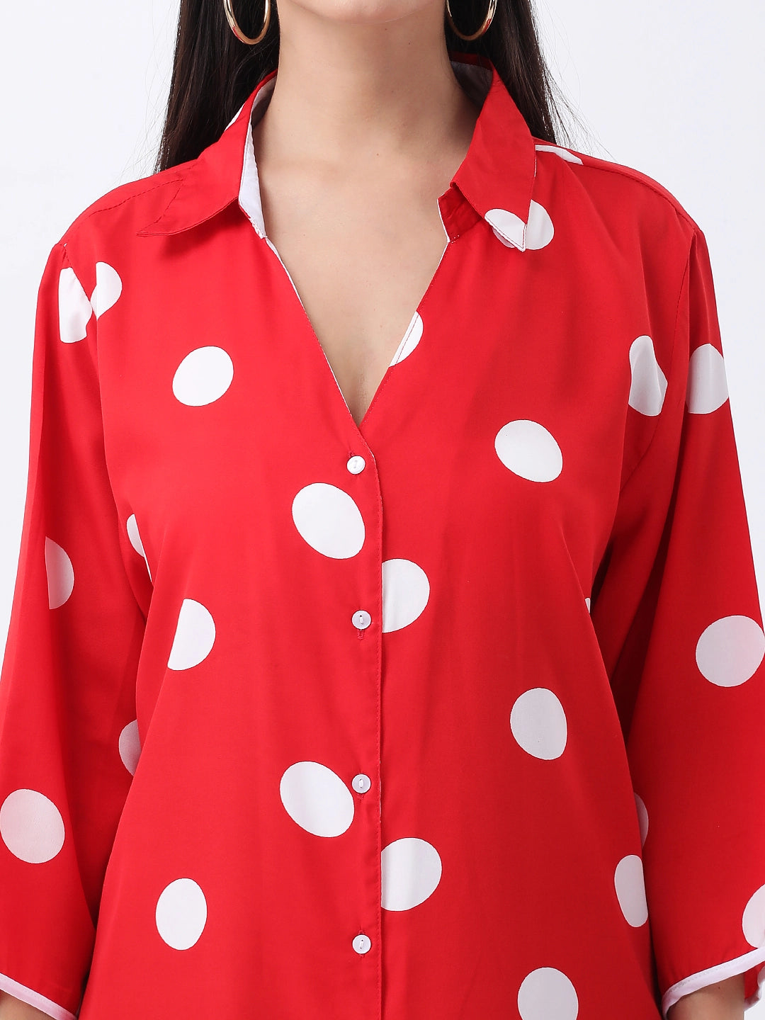 Red polka shirt dress with v neck