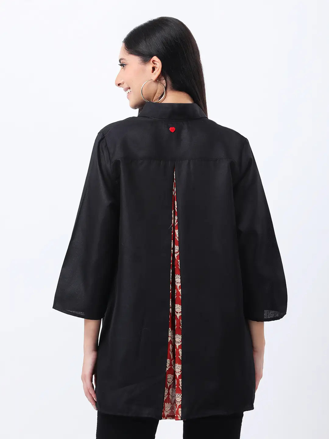 Black rayon half placket shirt with printed pleat in back