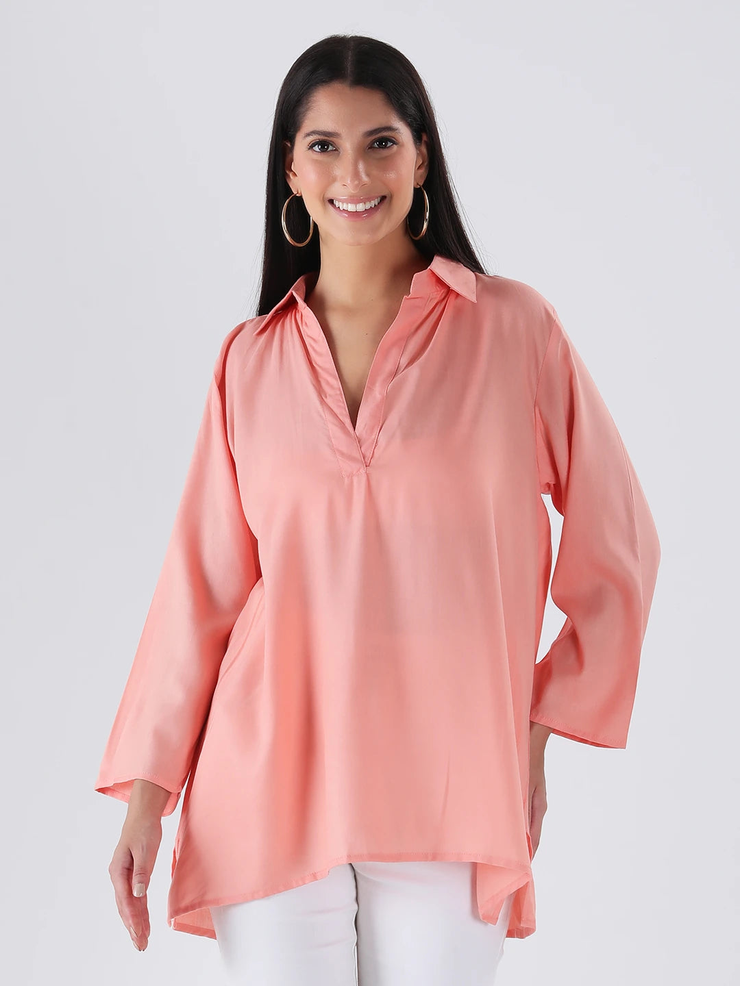 Peach rayon half placket shirt with printed pleat in back