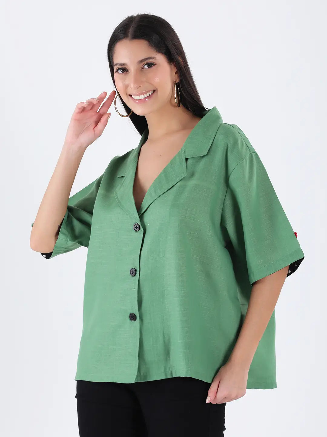 Green cotton slub notch collar shirt
