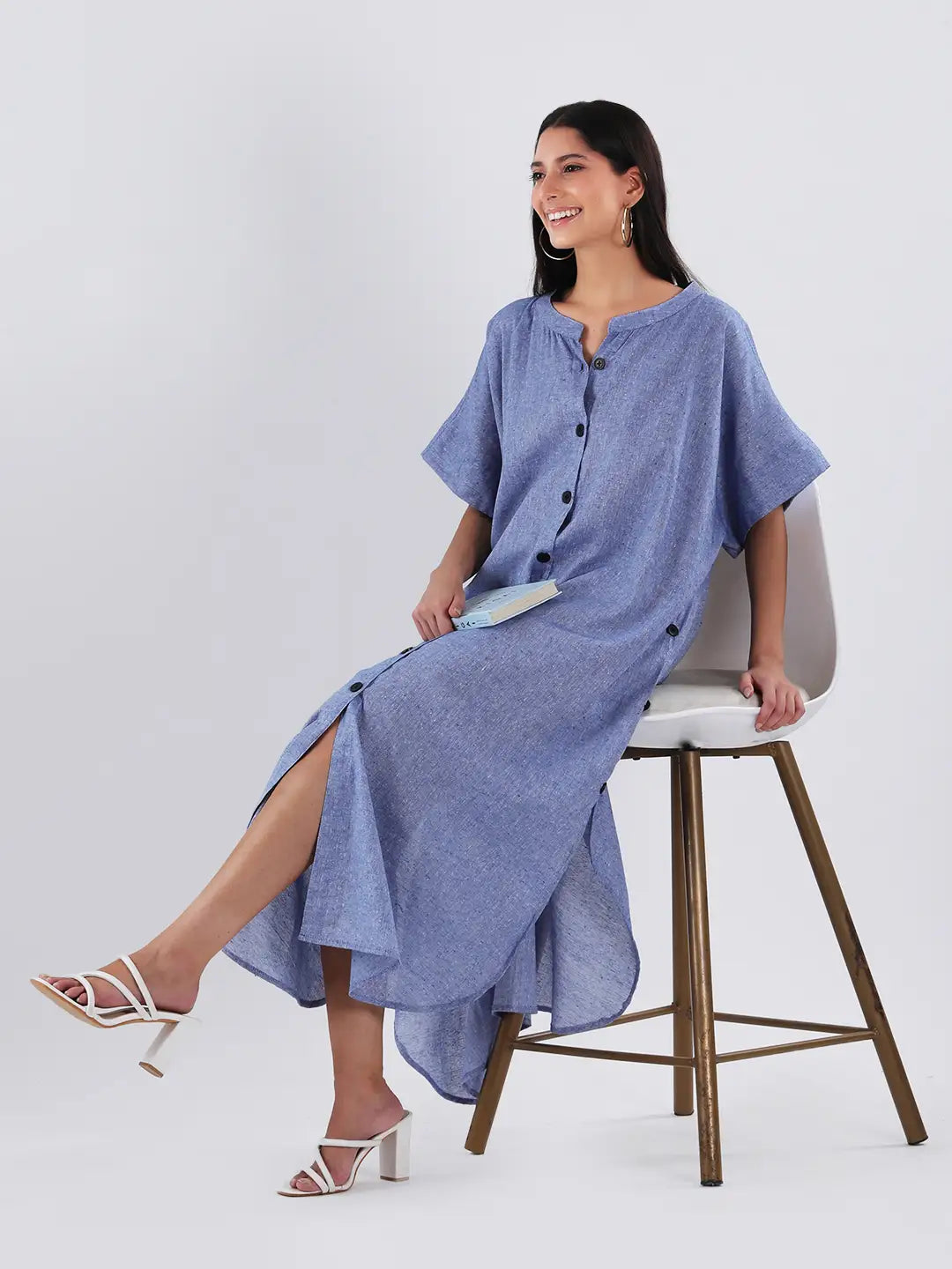 Blue linen relax fit shirt dress