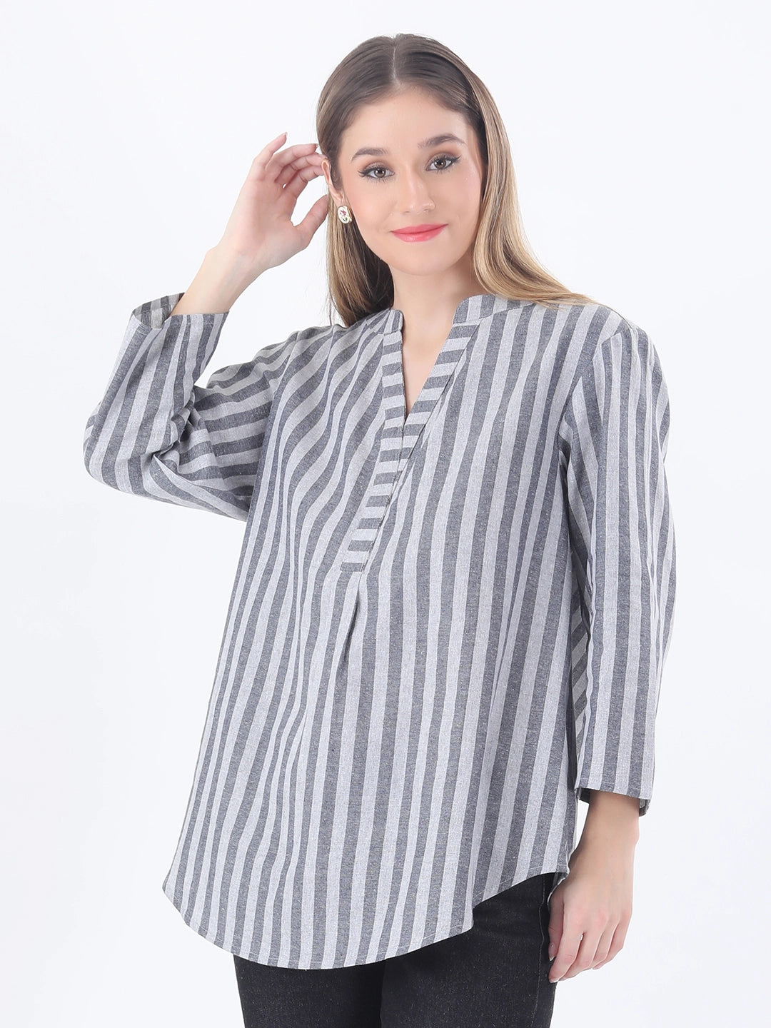 Linen striped Mandrain collar shirt
