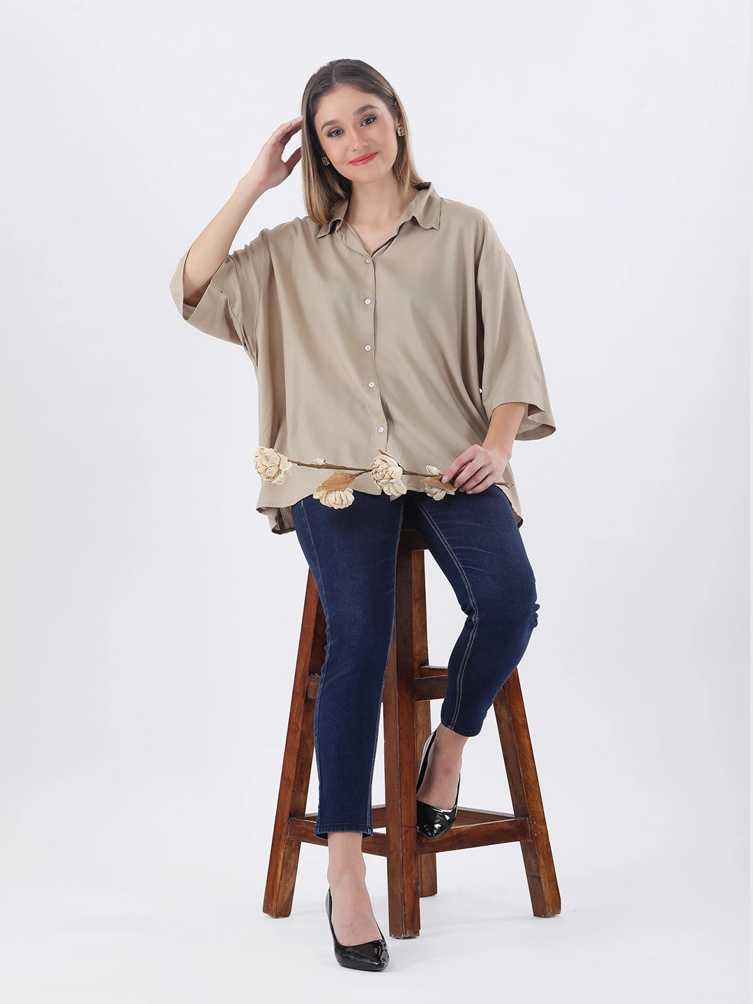 Rayon oversized shirt with printed embelishment in back