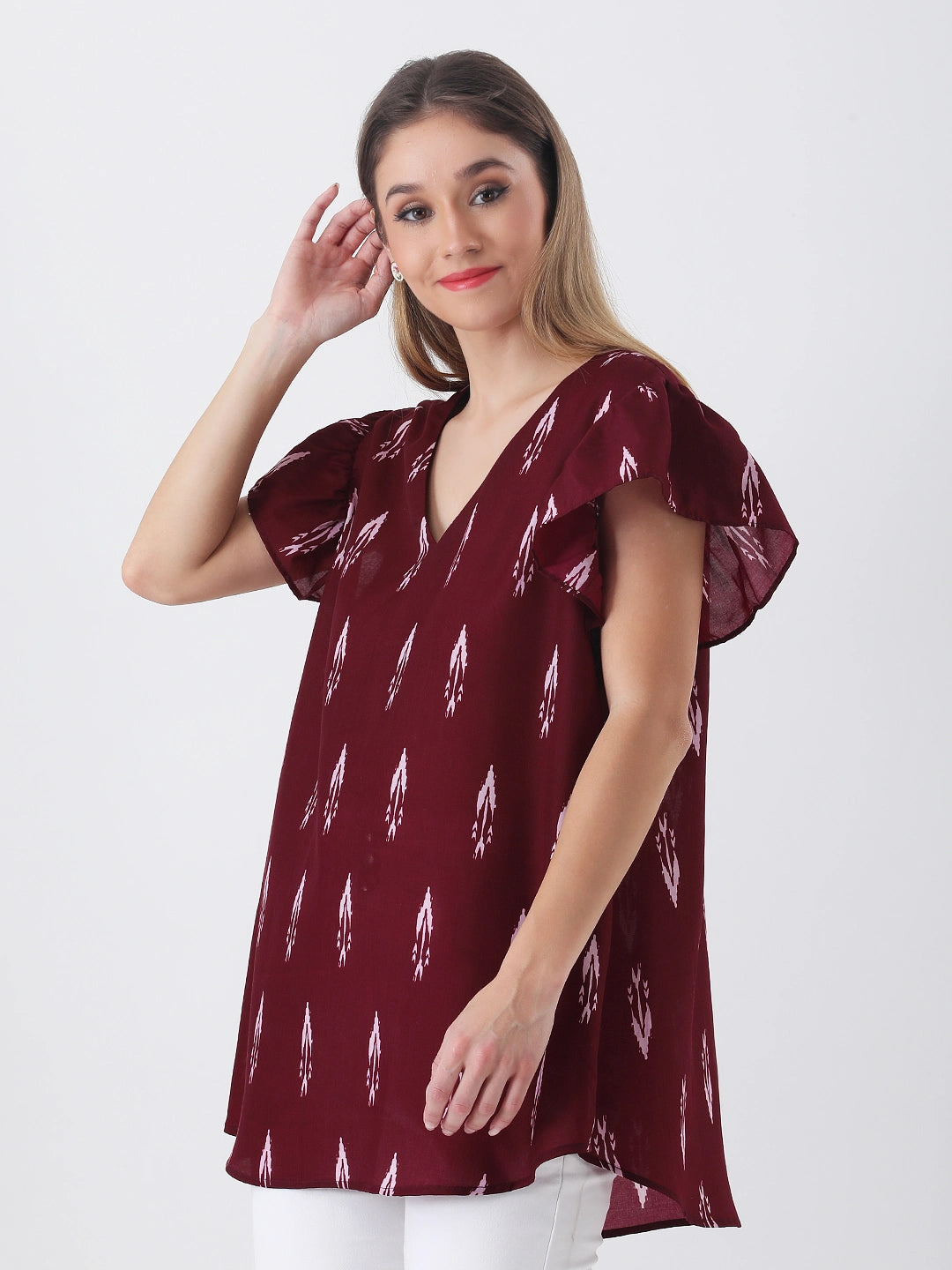 Printed cotton v-neck top with short frill sleeve