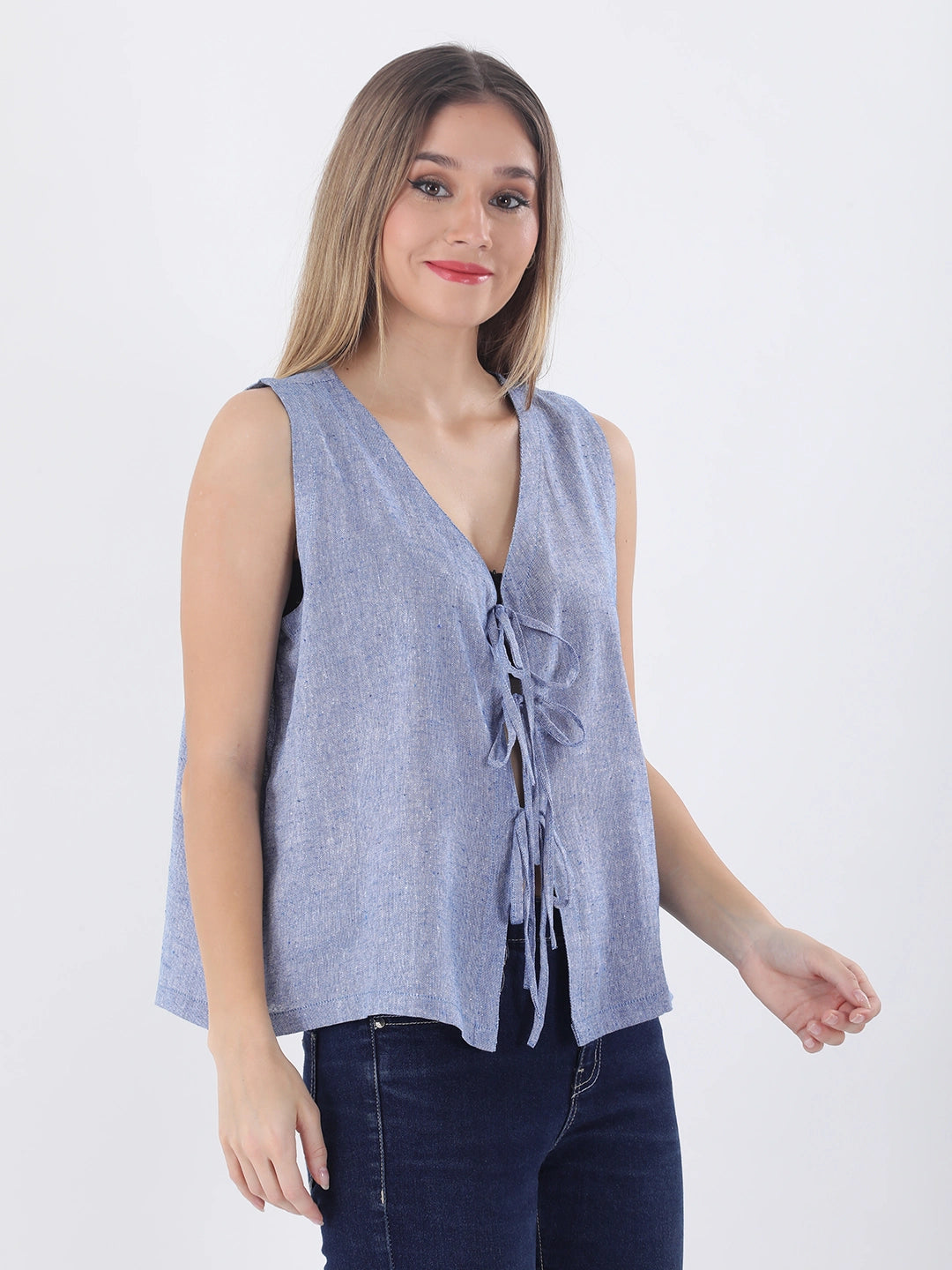 Denim blue linen vest top