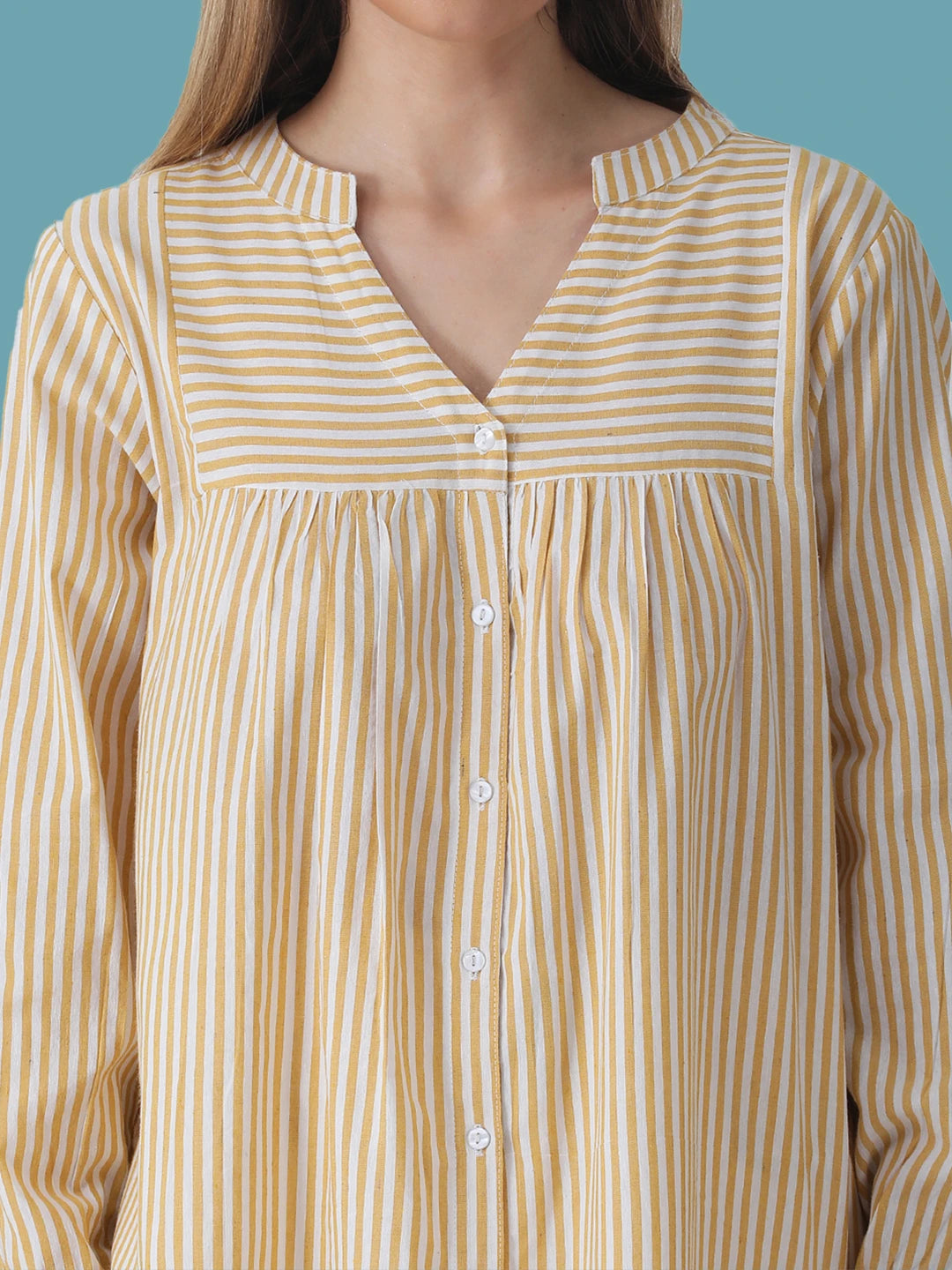 Cotton stripe yolk shirt with mandarin collar
