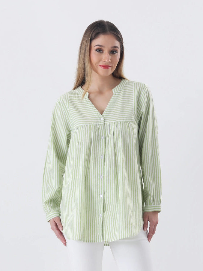 Cotton stripe yolk shirt with mandarin collar