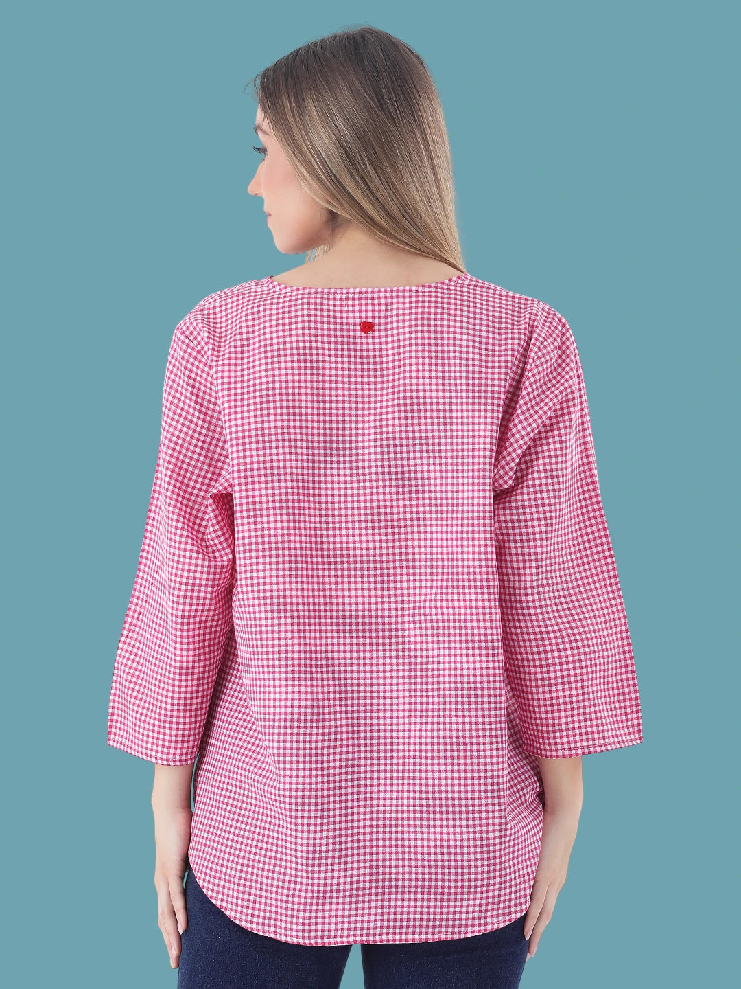 Pink gingham notch neck pleated cotton top