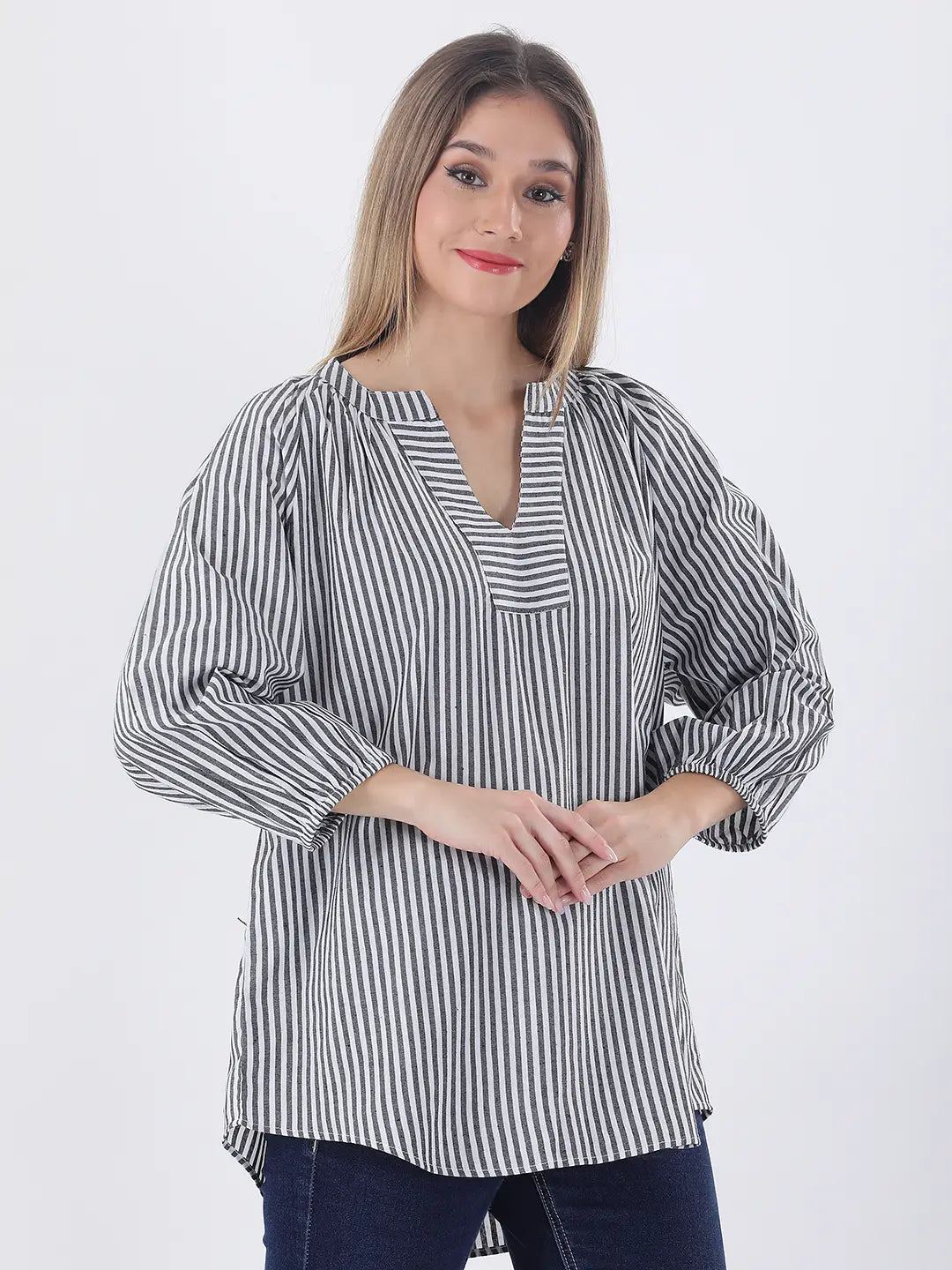 Cotton grey striped notched neckline top