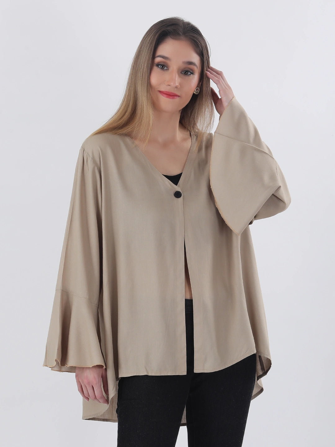Solid rayon relaxed fit top with a single button closure
