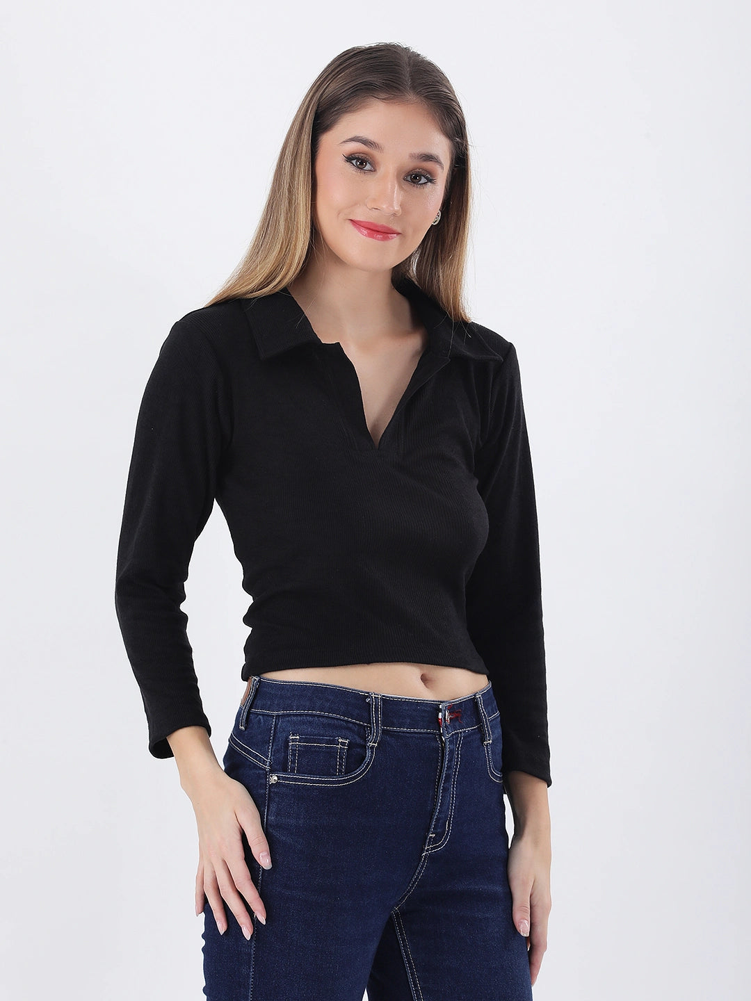 Black rib collared neck crop top