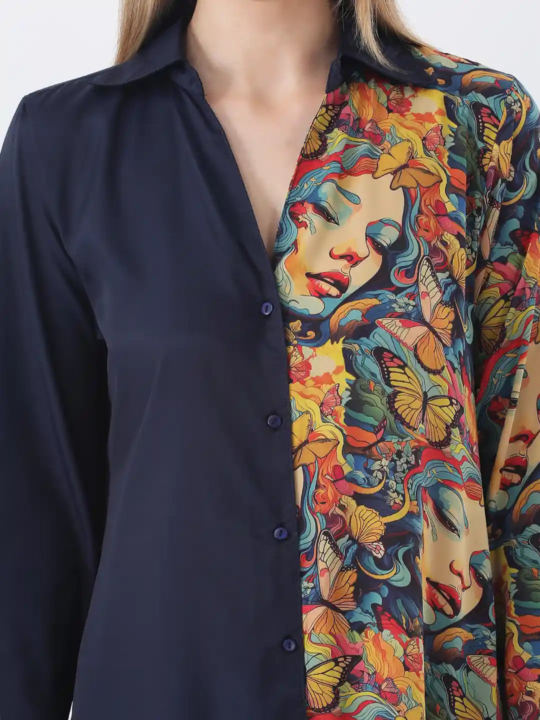 Face print color block shirt dress