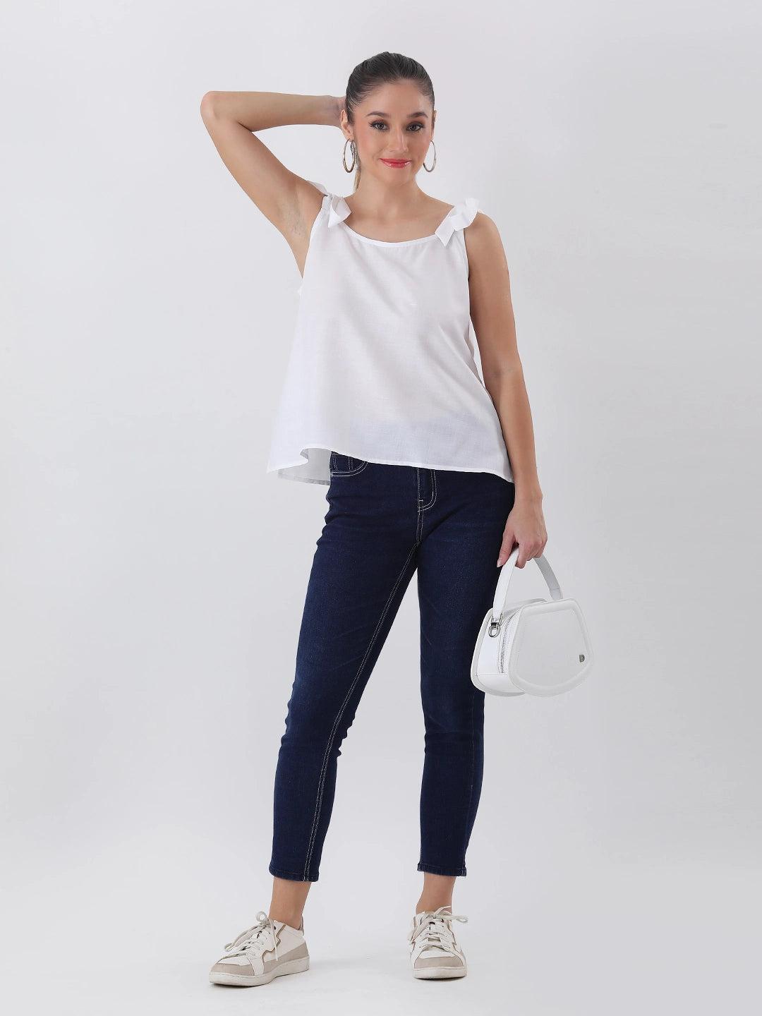 Rayon white bow strap top