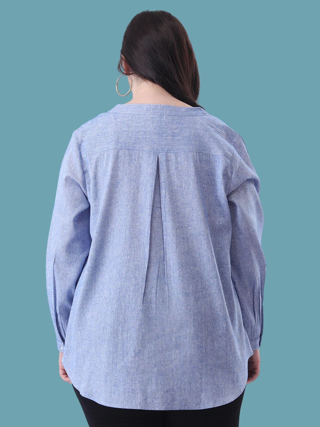 Blue linen mandarin collar shirt