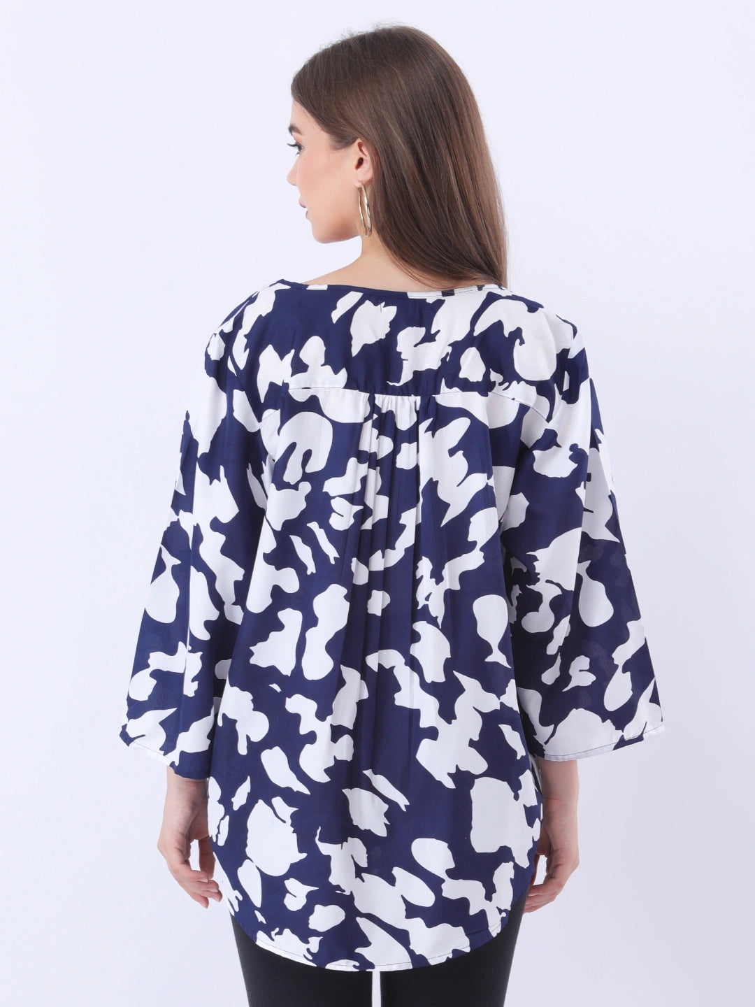 Printed gathered tie-neck top