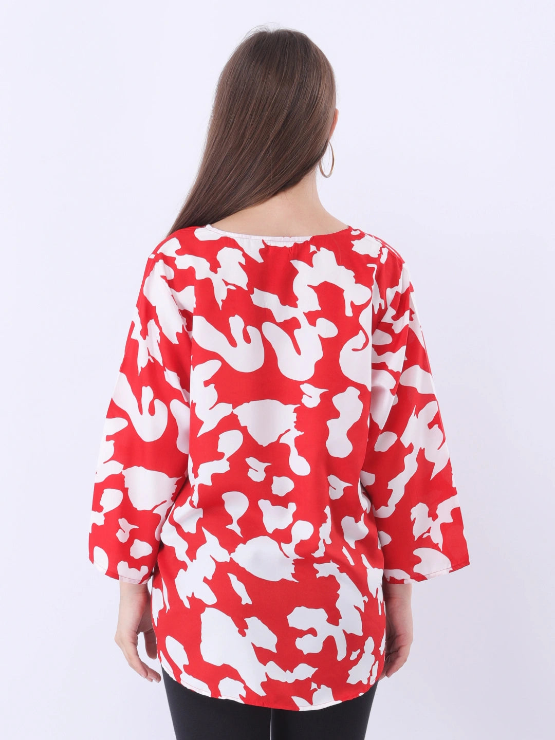 Printed notch neck pleated crepe top