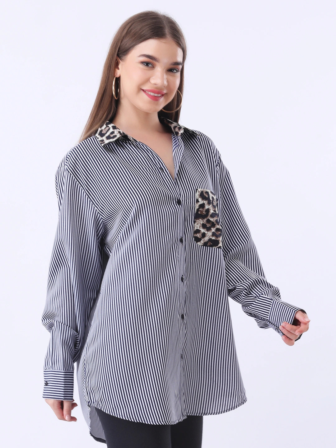 Navy stripe full placket shirt with printed pocket & collar