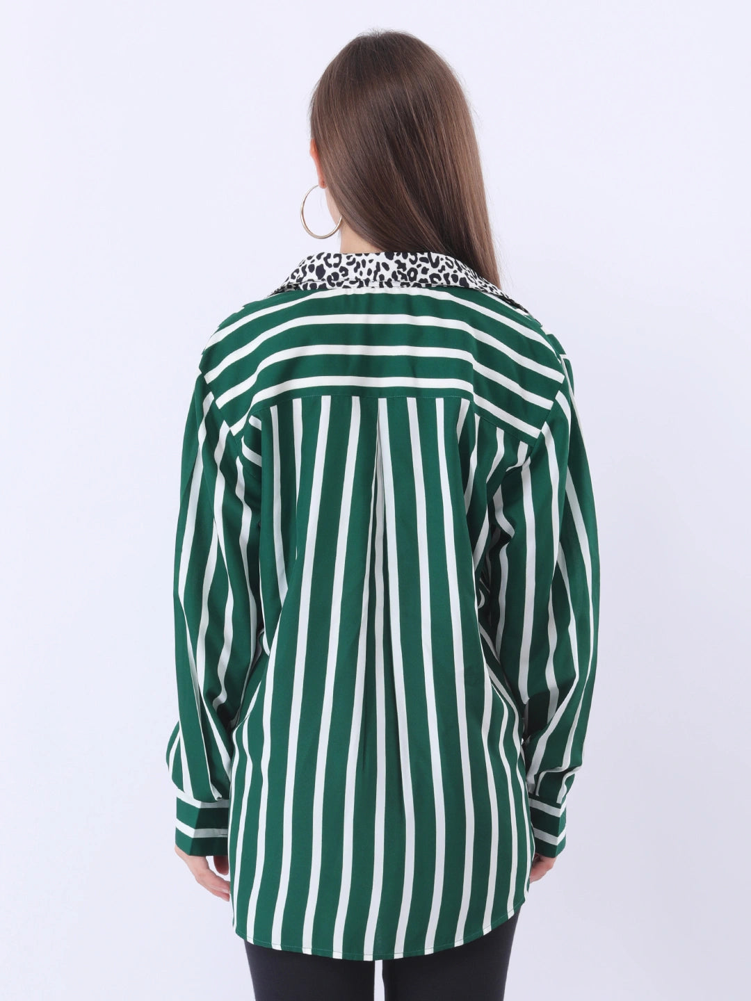 Green stripe full placket shirt with printed pocket & collar