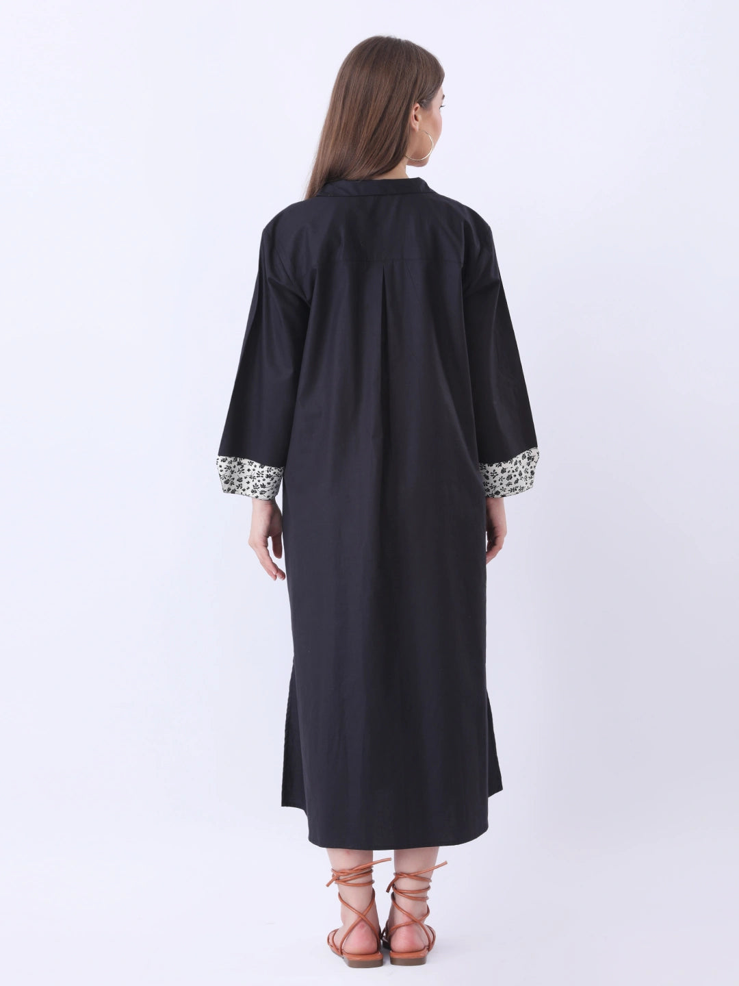 Solid Polplin Dress with printed cuff detailing in sleeve