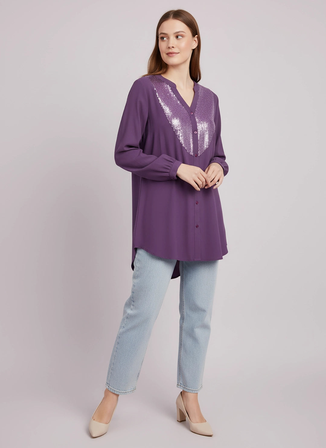 Lilac silk sequined yoke shirt