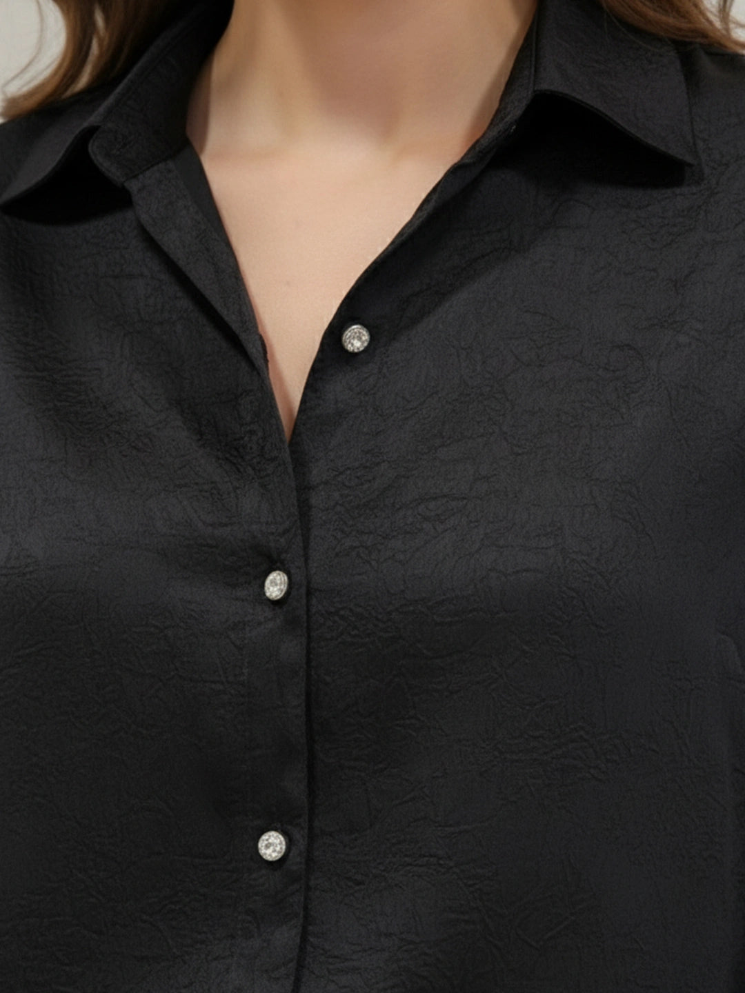 Solid satin crush shirt with embellished button