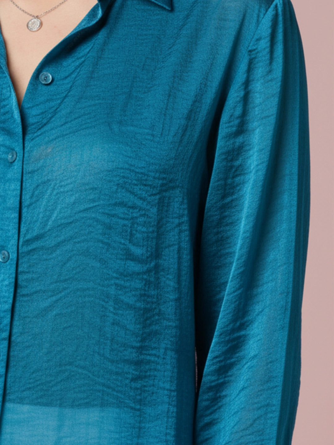 Teal organza party shirt with cuff sleeves