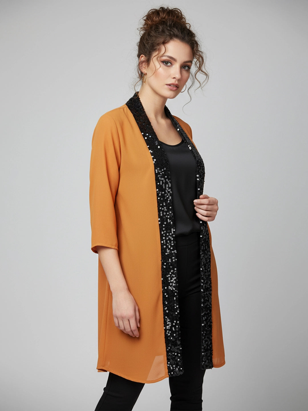 Orange georgette shrug with contrast sequins border
