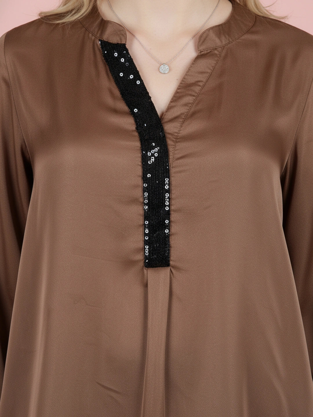 Sequin placket mandarin collar silk blend shirt