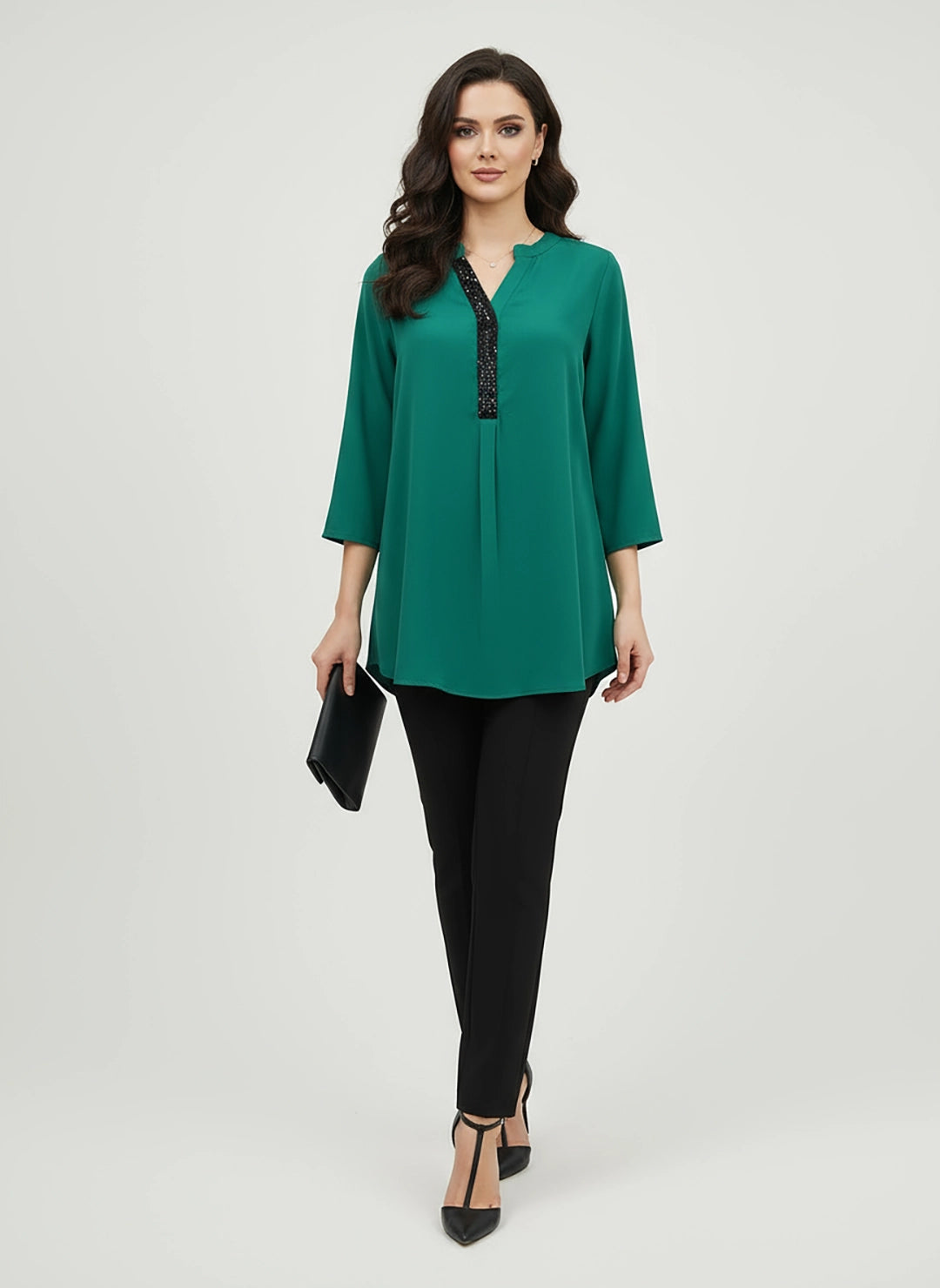 Green satin half placket shirt with sequin embellishment