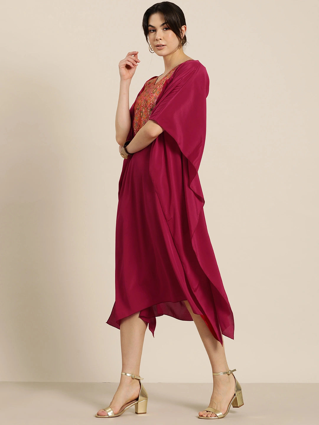 Red crepe silk v-neck kaftan with Brocade yoke