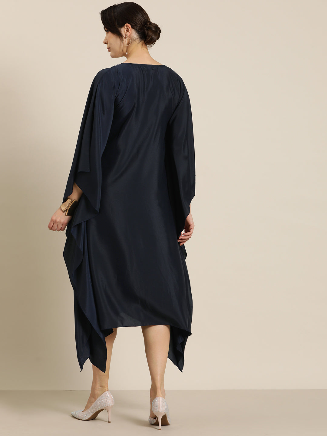 Navy french crepe silk kaftan with Brocade Yoke