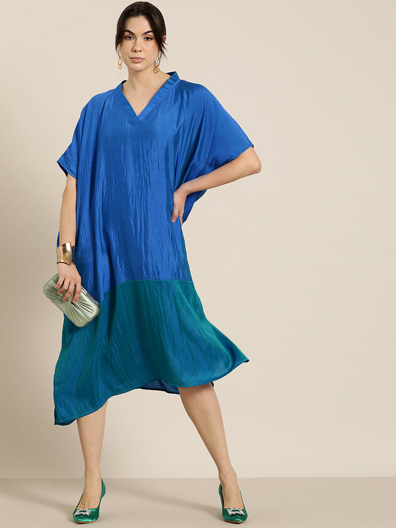 Royal Blue & Green colorblock silk Kimono oversize dress