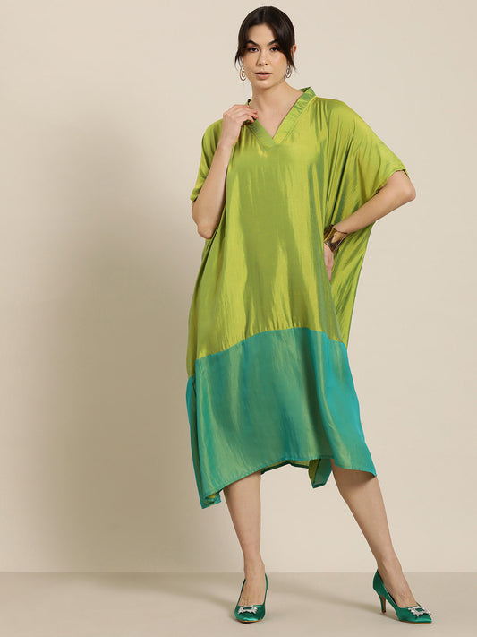 Lime green & turquoise colorblock silk Kimono oversize dress