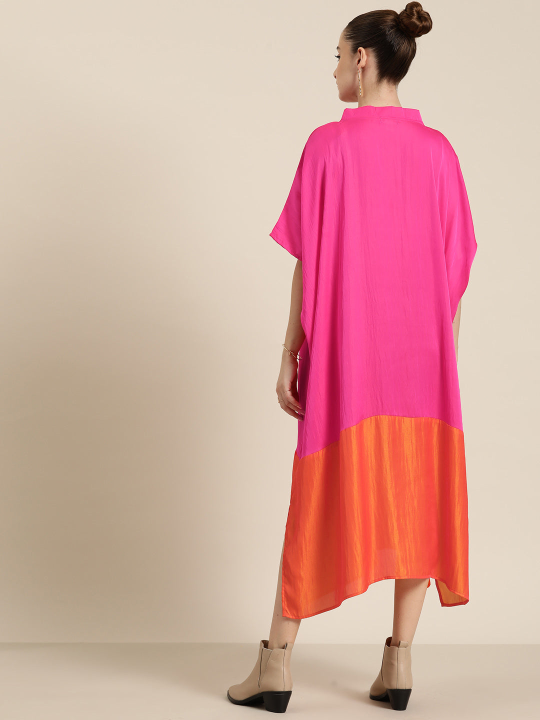 Fuchia pink & orange silk colorblock Kimono dress