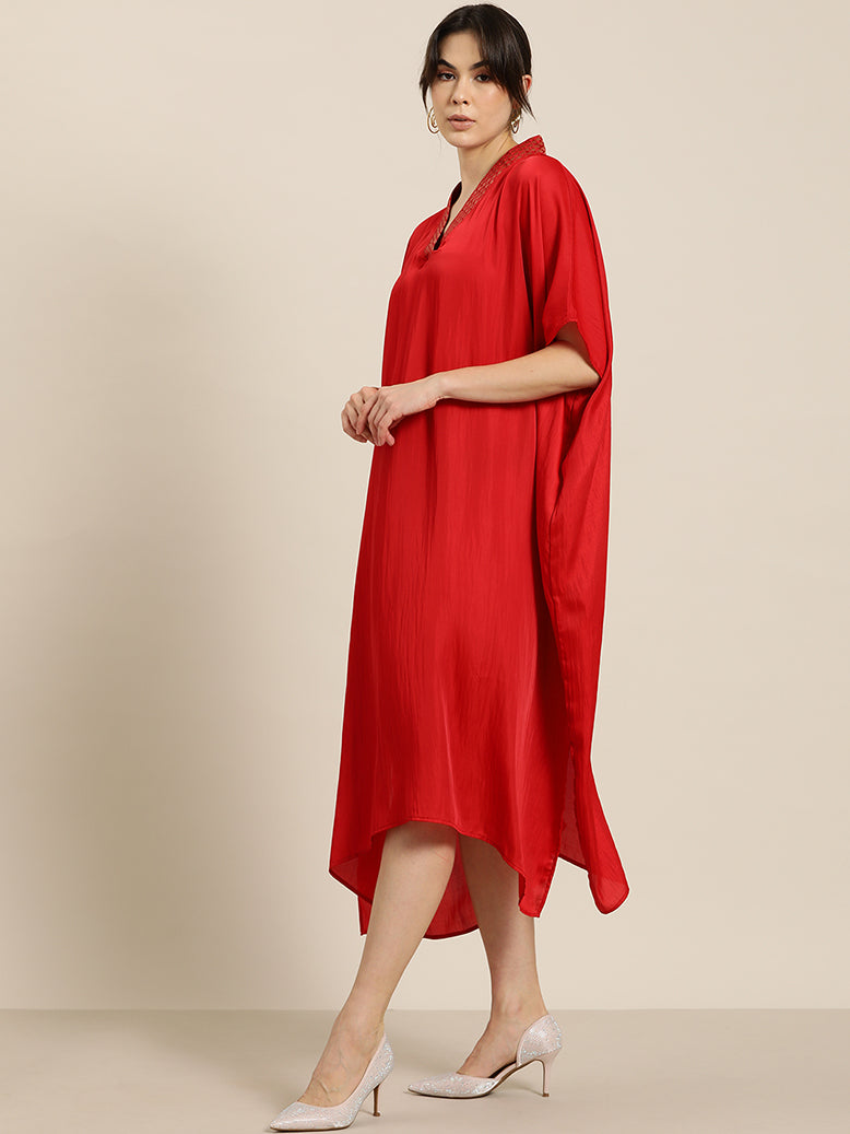 Red silk Kimono dress with brocade