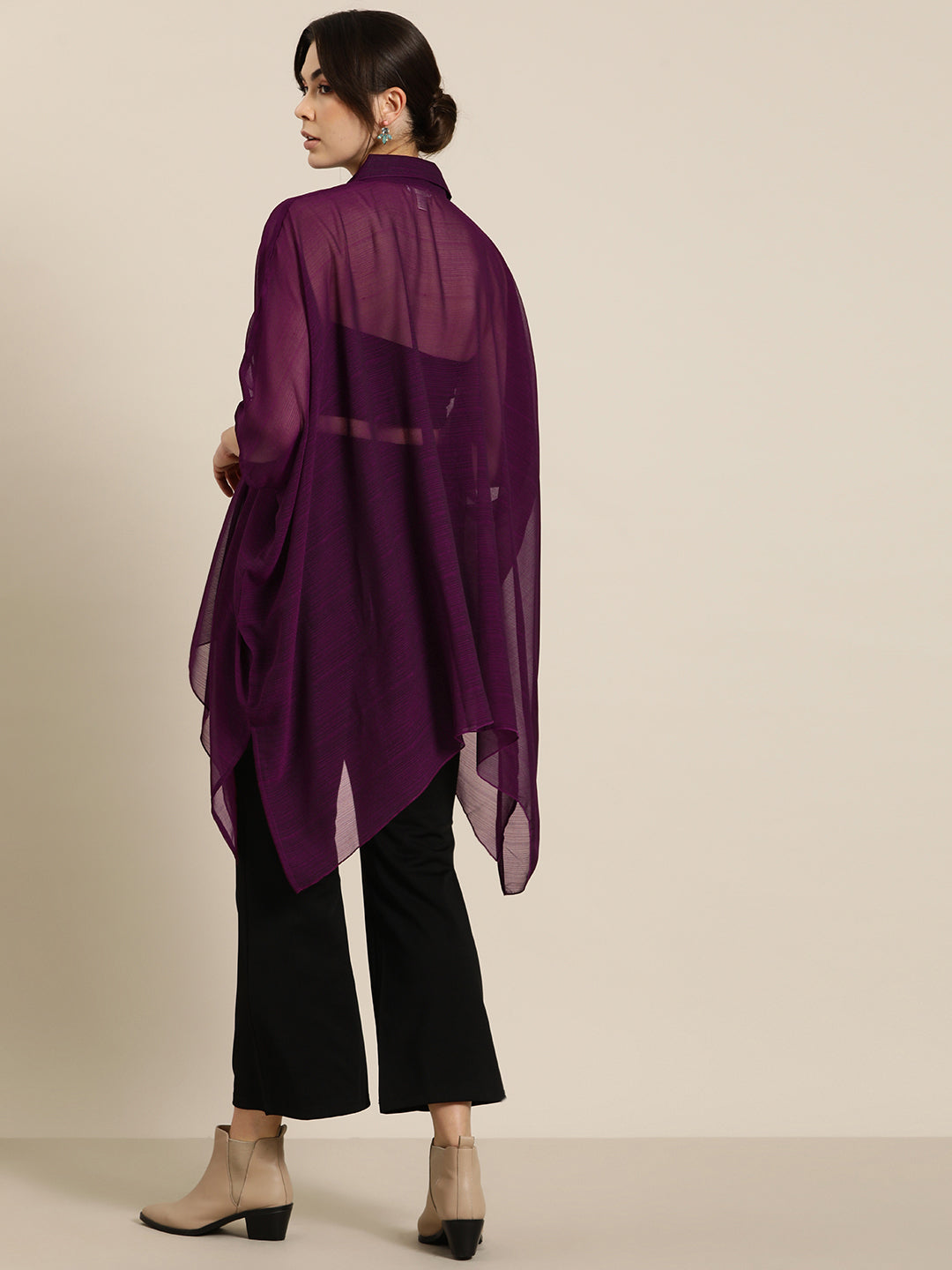 Purple georgette kaftan shirt with brocade