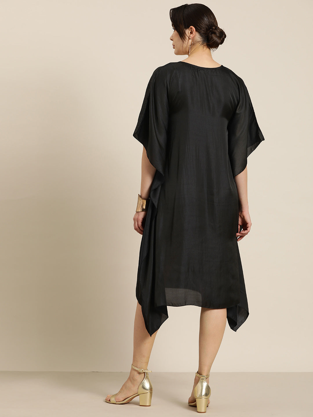 Black silk v-neck kaftan with Brocade yoke