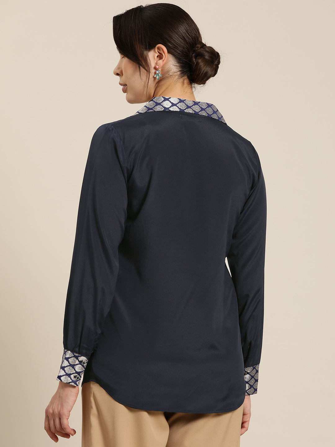 Navy french crepe Brocadr notch collar shirt