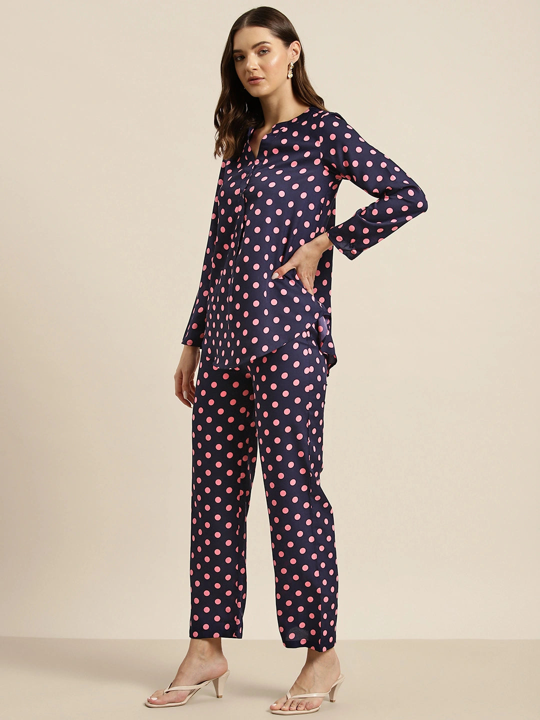 Navy and pink polka crepe shirt and pant set