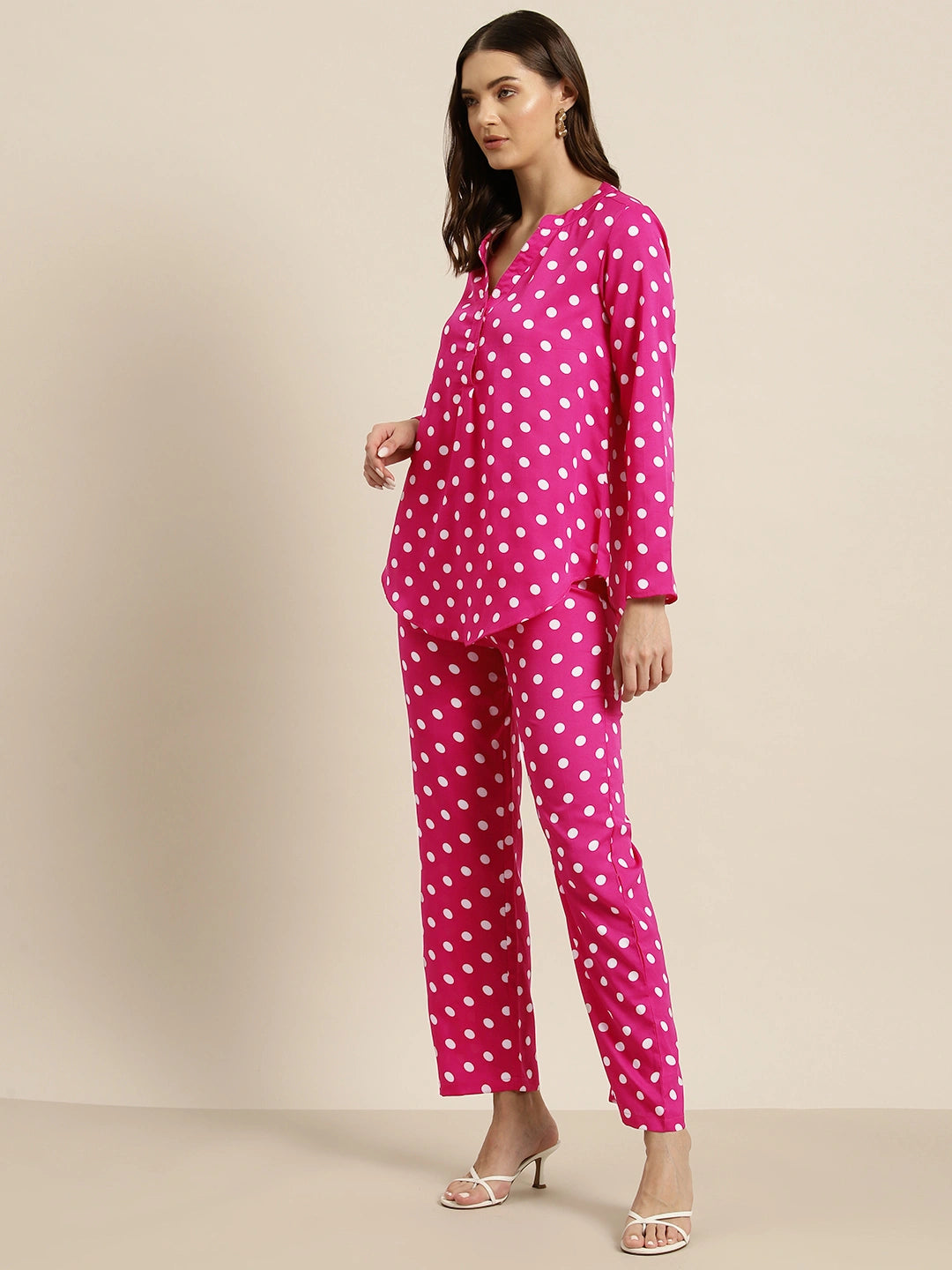 Hot pink & white polka crepe shirt and pant set