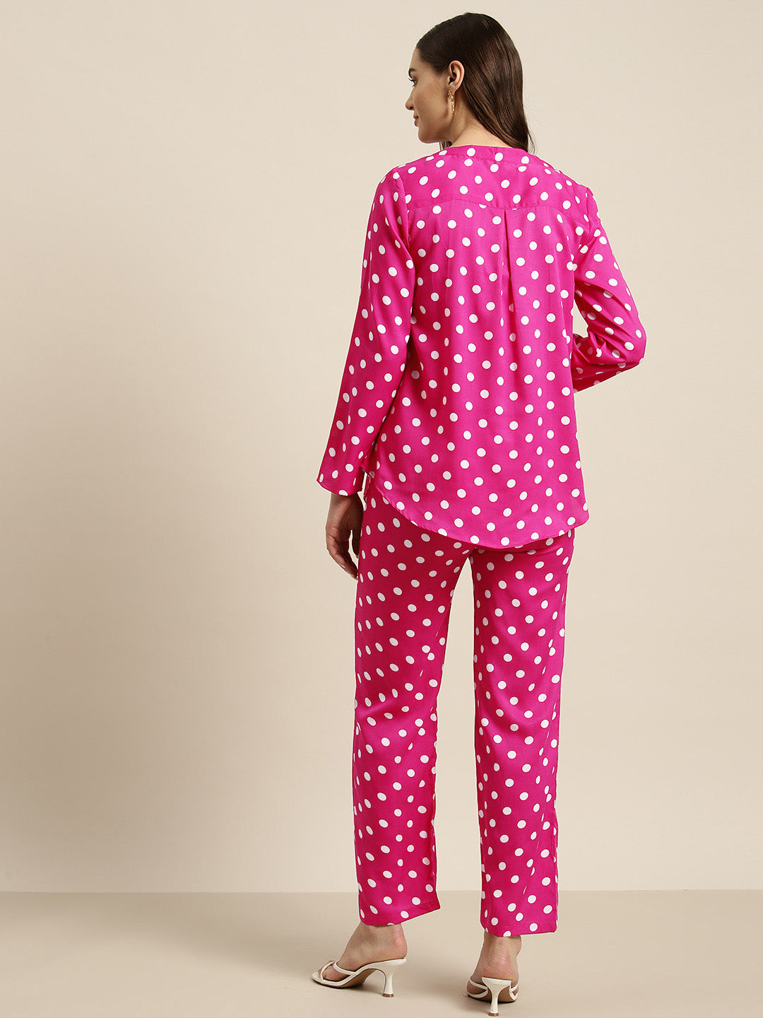 Hot pink & white polka crepe shirt and pant set
