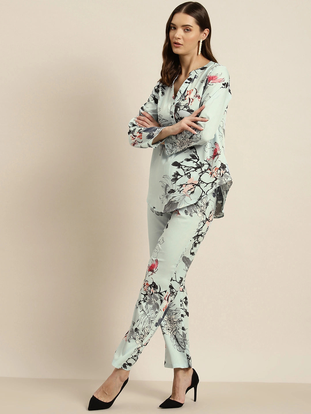 Turquoise blue camouflage print crepe shirt and pant set