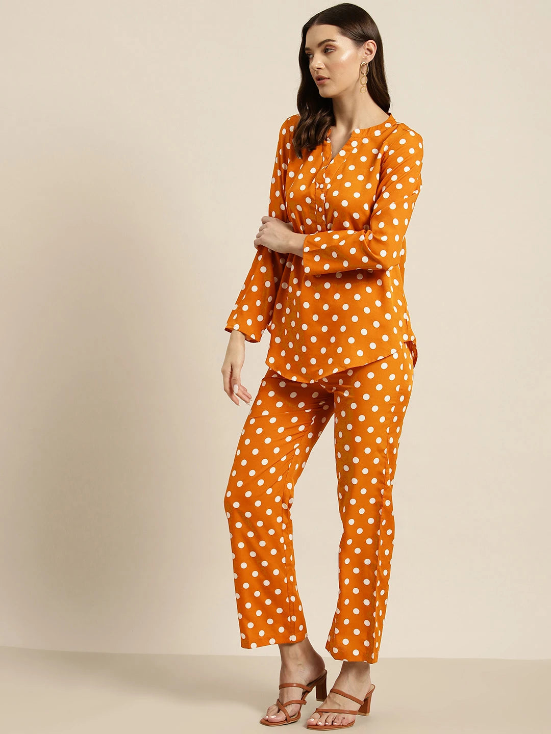Rust and white polka dot crepe shirt and pant set