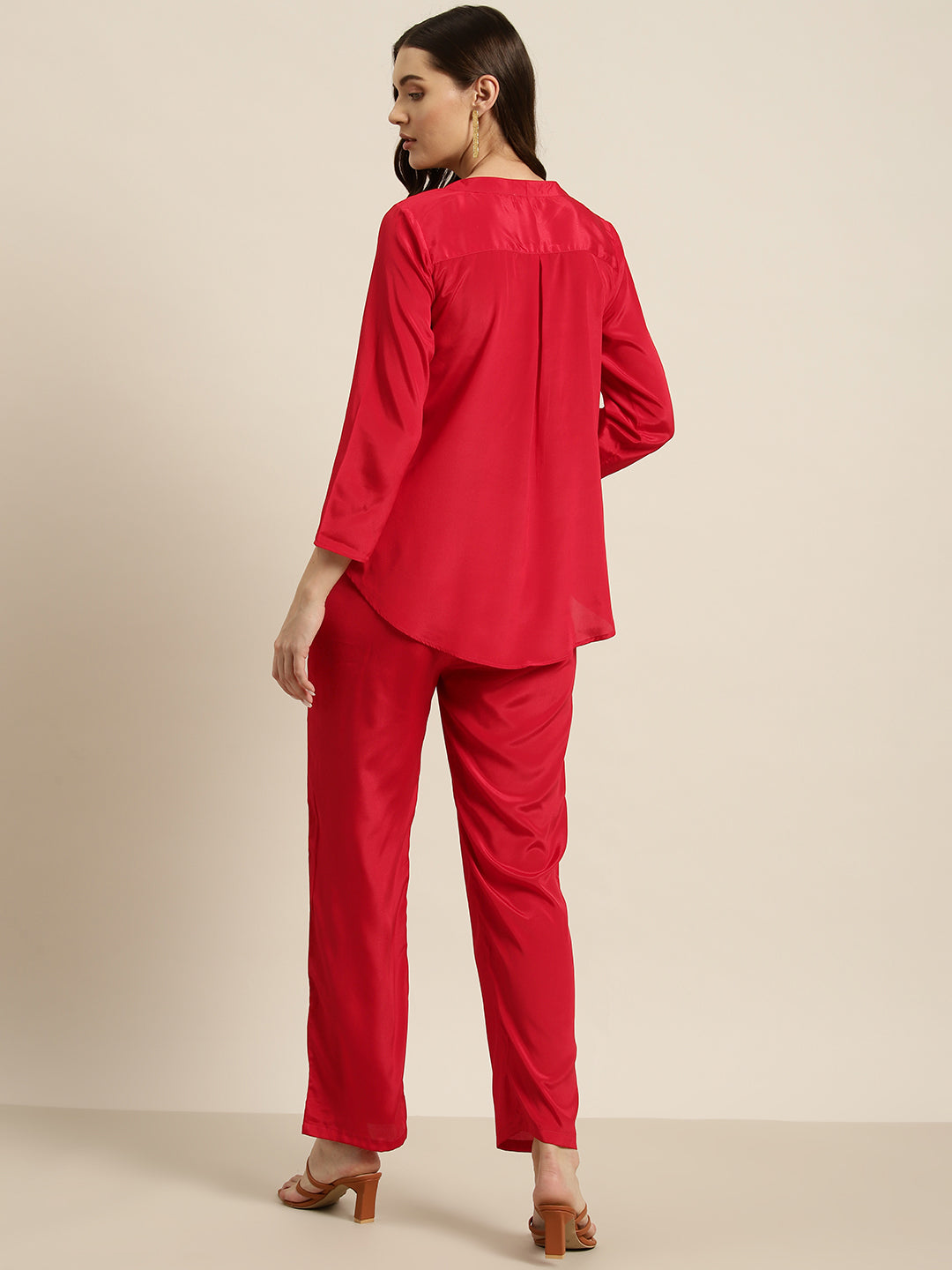Red solid crepe shirt and pant set
