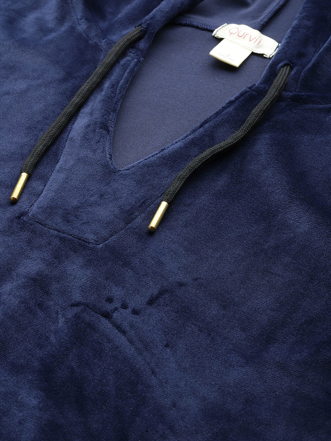 Navy solid velvet fabric with a front patch pocket. hoodie with co-ord set.