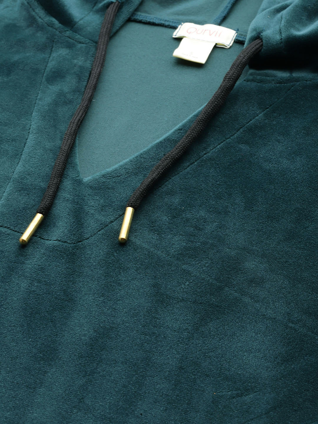 Teal solid velvet fabric with a front patch pocket. hoodie with co-ord set.