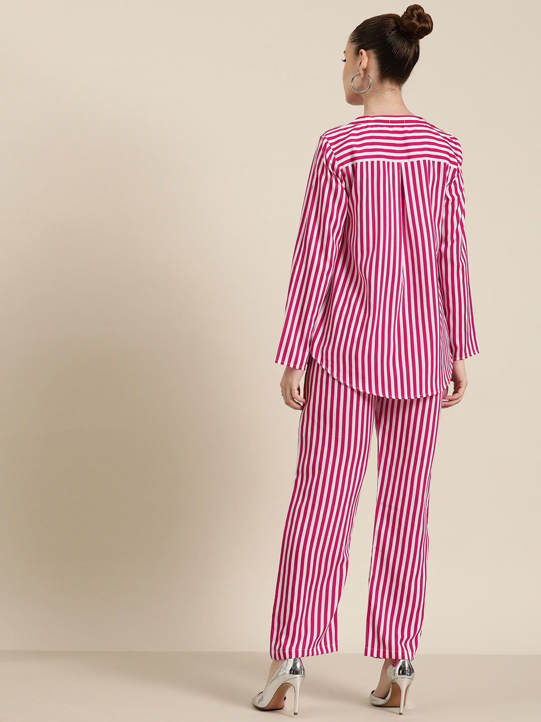 Magenta & white stripe crepe shirt and pant co-ord set
