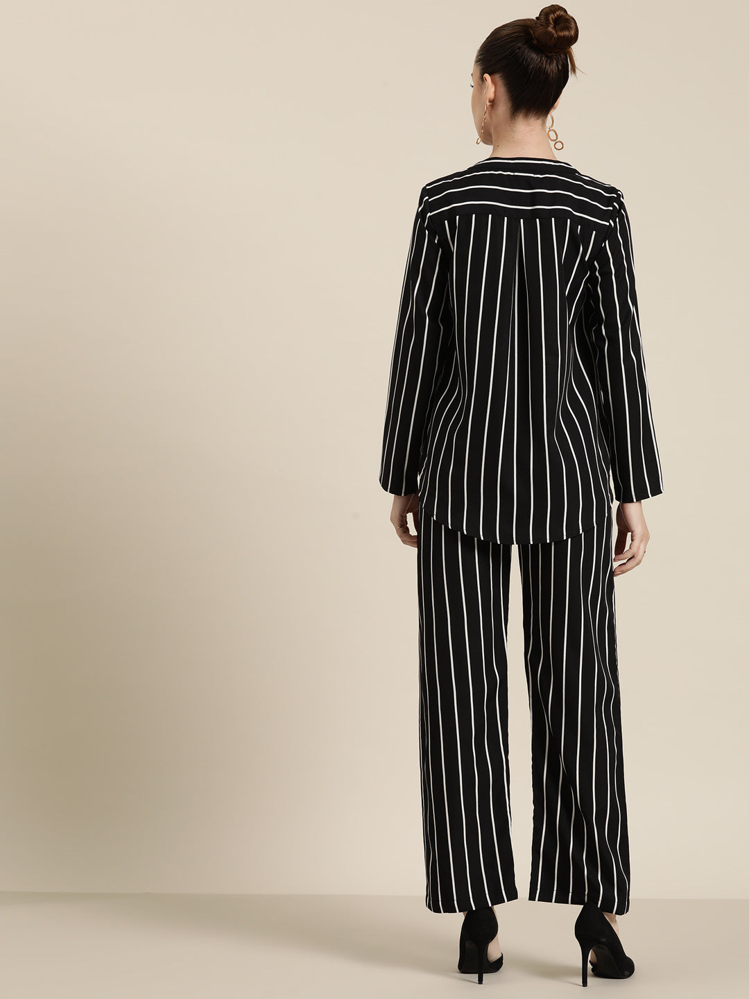 Black & white stripe crepe shirt and pant co-ord set