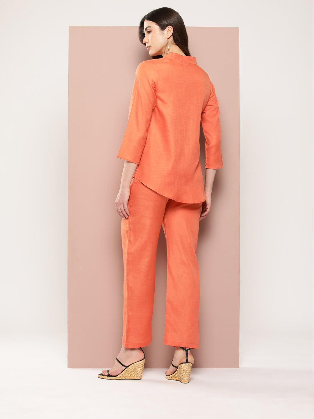 Orange Solid cotton slub V-neck top with regular sleeves with pant co-ord set.